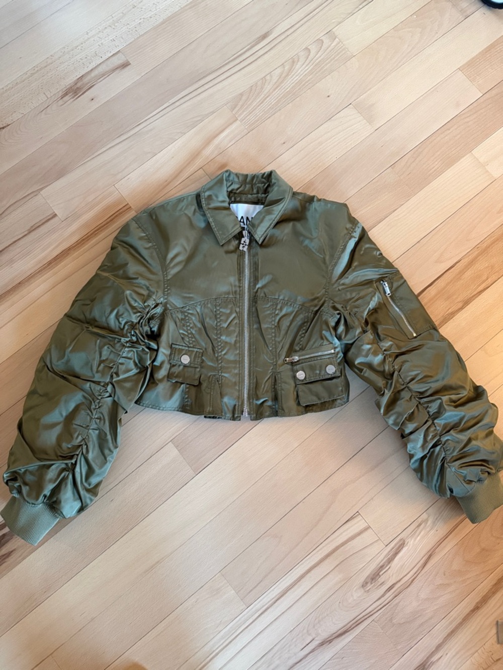 Ganni Olive Green Cropped Bomber Jacket